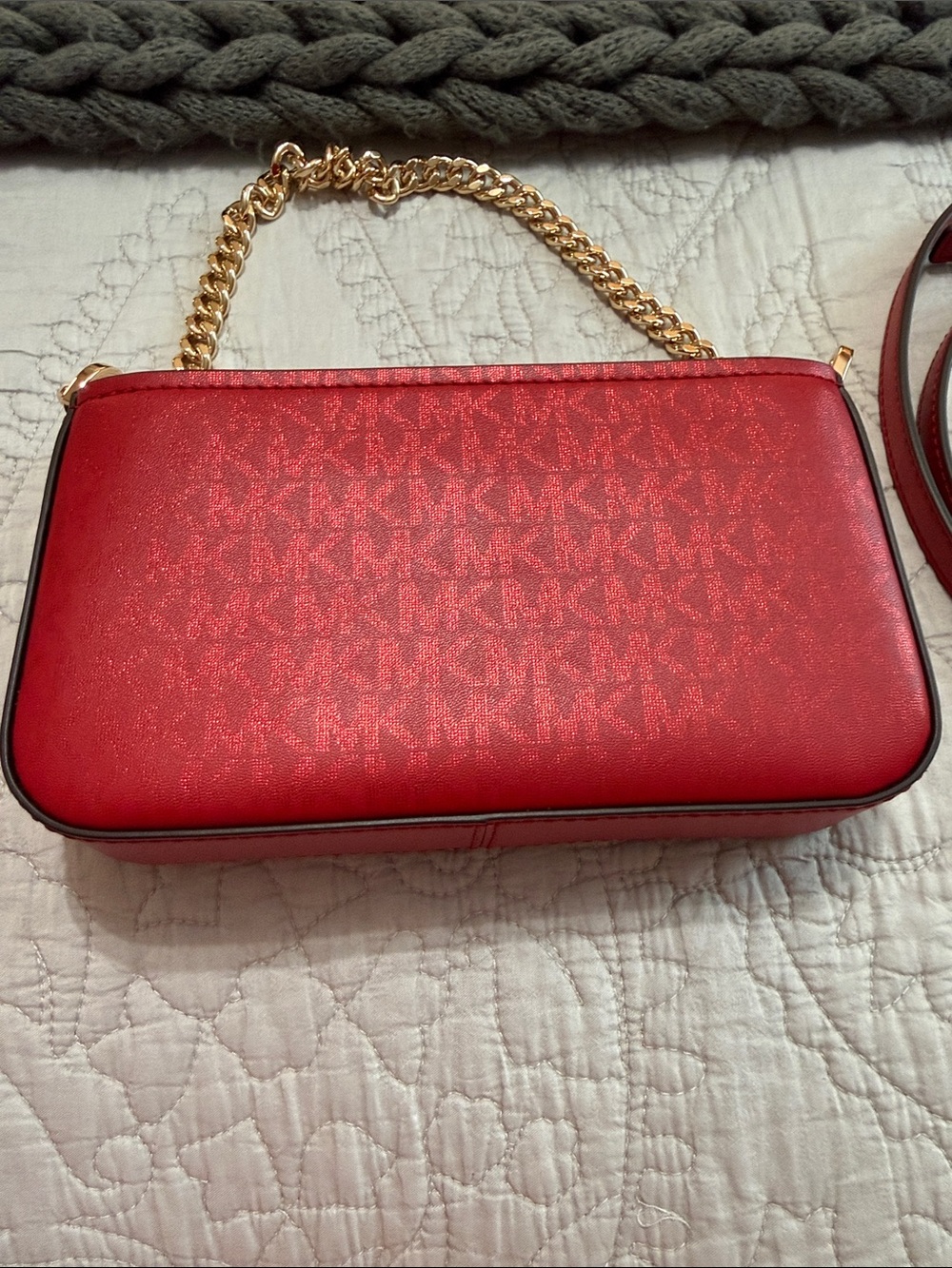 Michael Kors Red Shoulder Bag with Gold Chain Handle and Adjustable Strap - Picture 9 of 12
